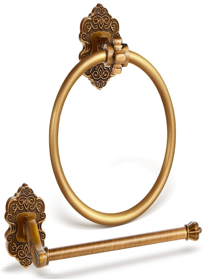 Otoolling 2 Pcs Antique Gold Toilet Paper Holder Towel Ring, Hand Towel Hanger Toilet Paper Roll Holder Wall Mount Retro Vintage Bathroom Hardware - Image 1